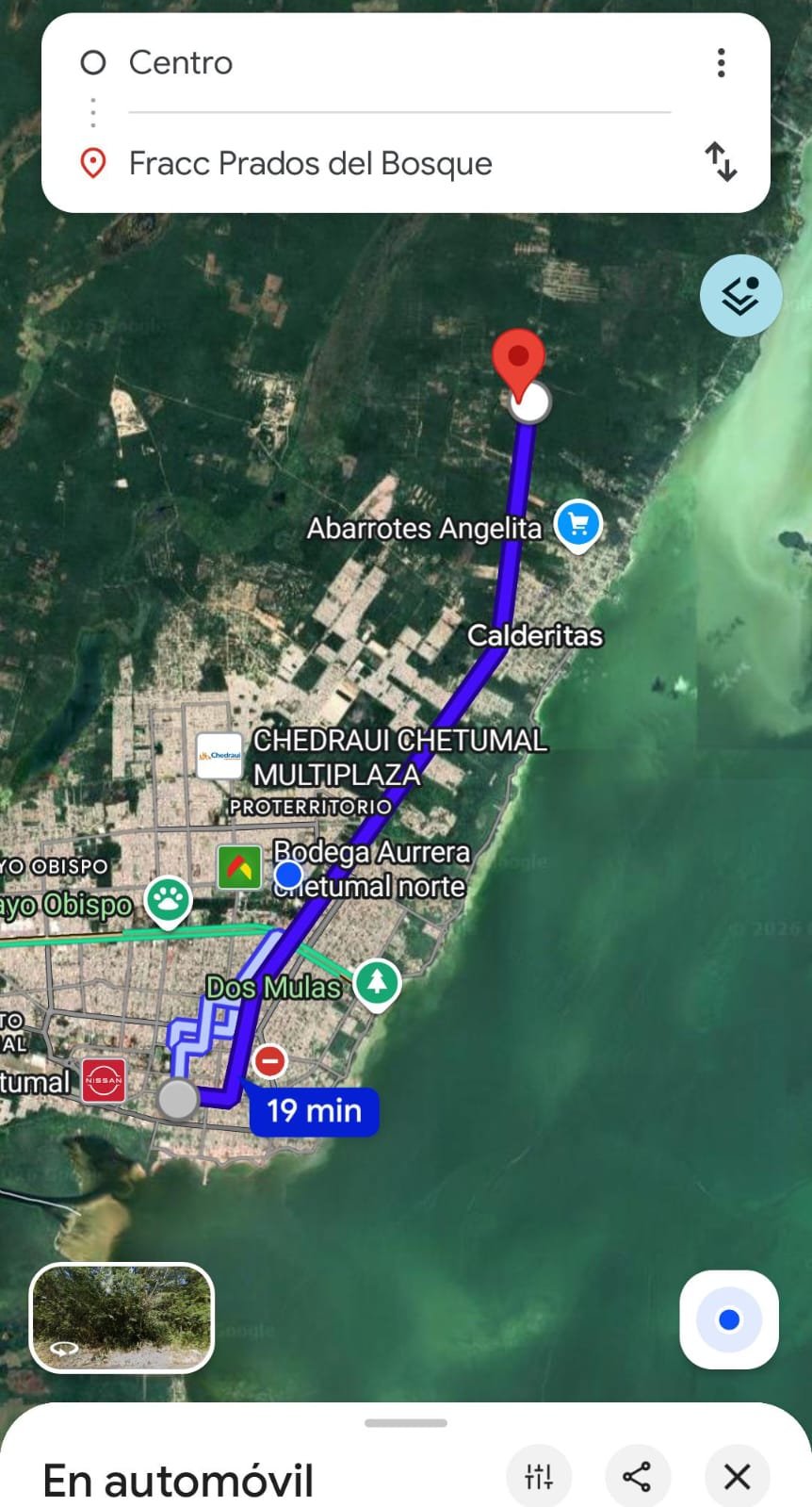 Mapa de ubicación: Centro de Chetumal a Fracc Prados del Bosque, 19 minutos, cerca de Calderitas